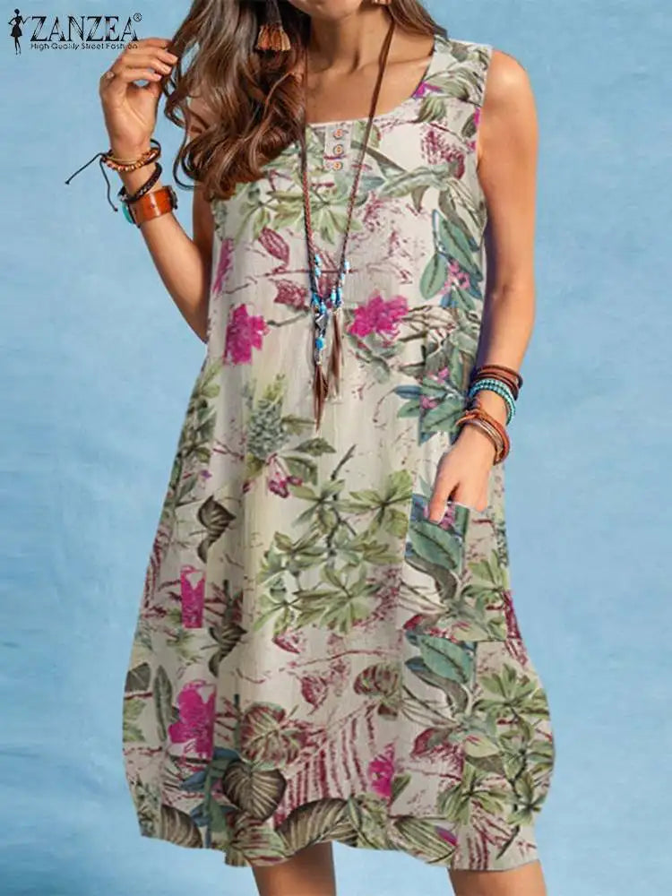 Boho Floral Cotton Sundress With Pockets For Women