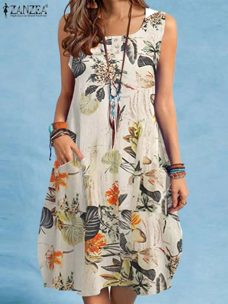 Boho Floral Cotton Sundress With Pockets For Women